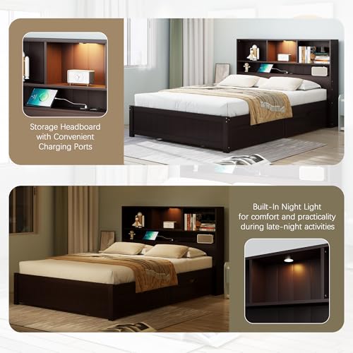 White Wood Twin Bed Frame with Bookcase Headboard and Storage Drawers D664396
