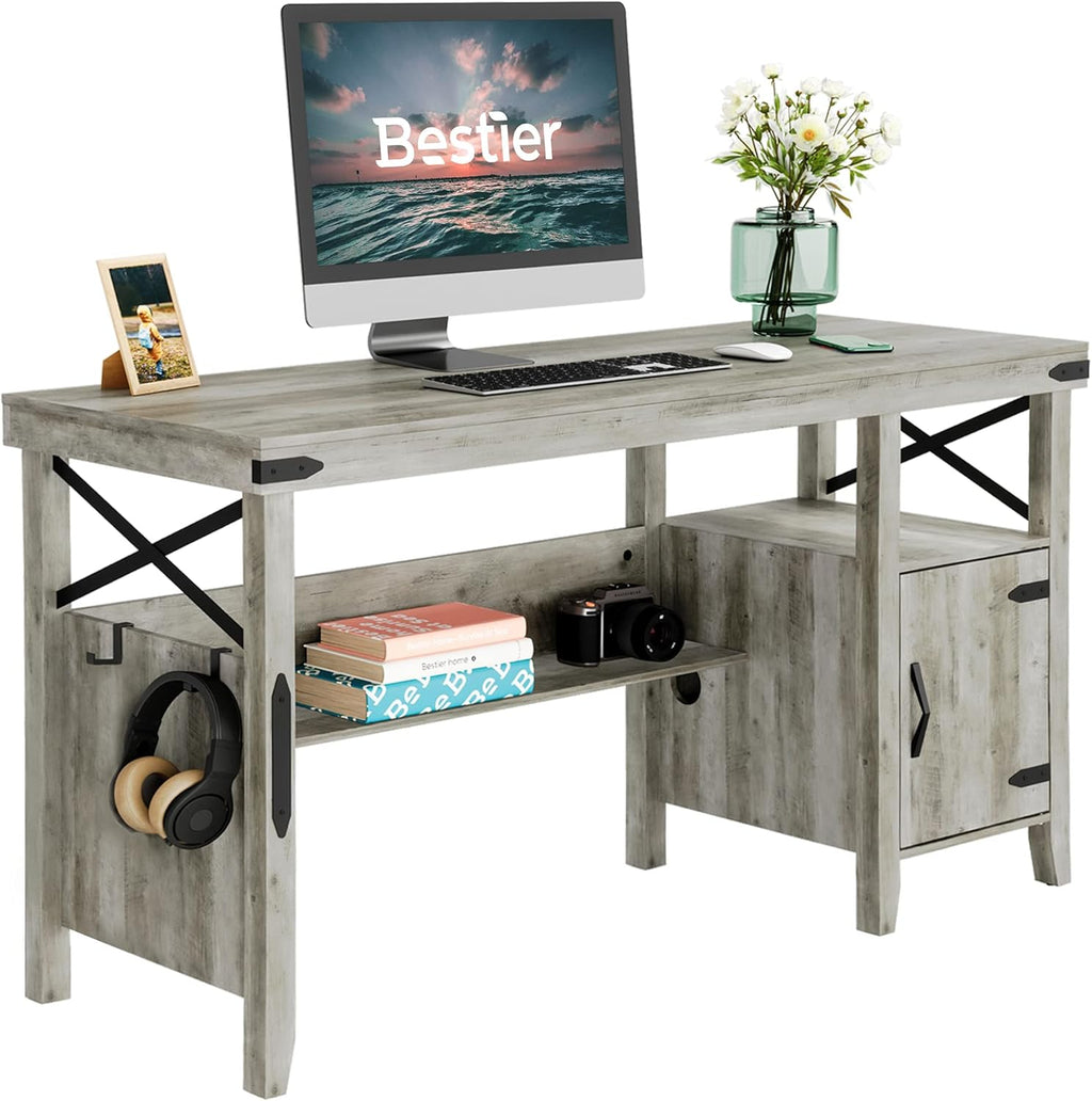 Rustic Brown Computer Desk with Storage Cabinet and Bookshelf E35221