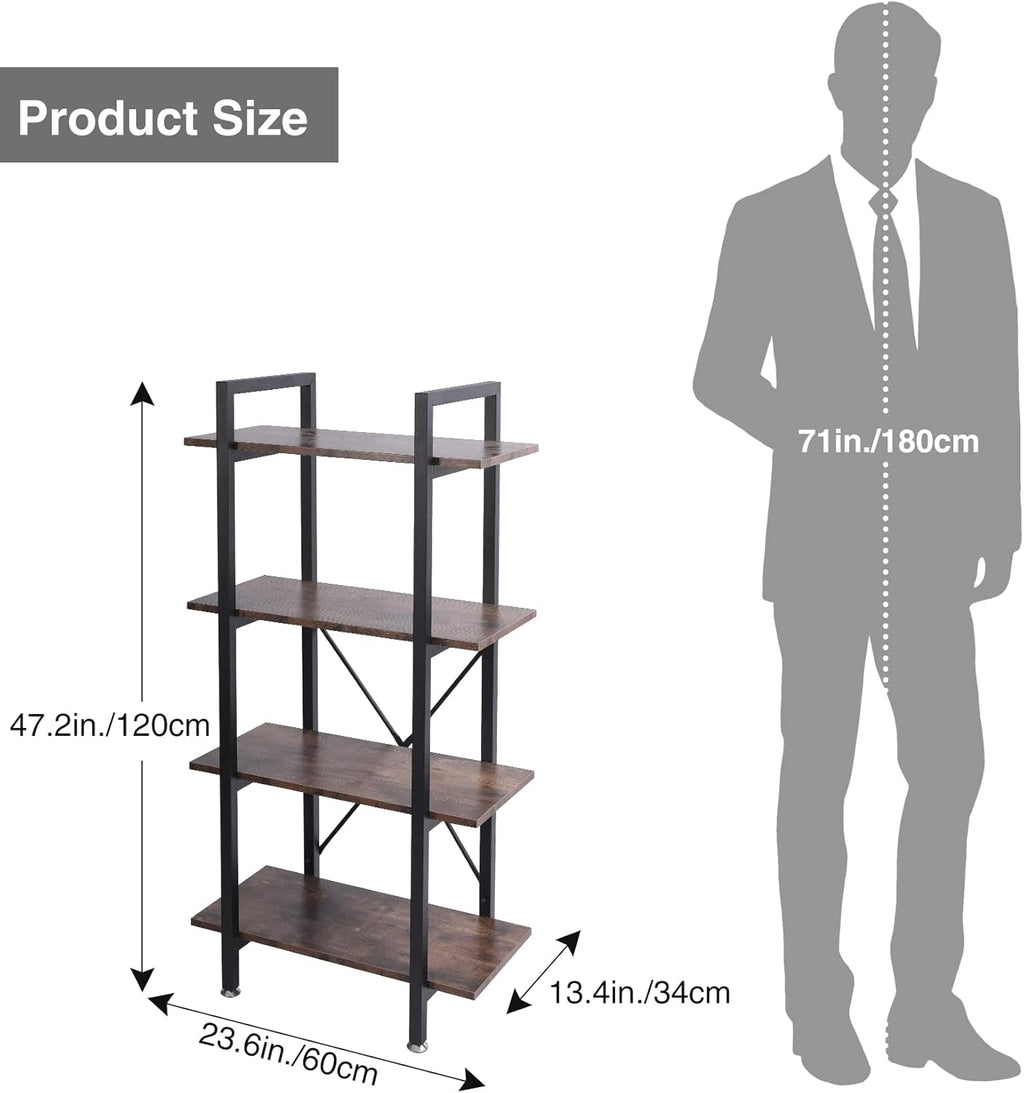 Industrial Bookshelf, 4 Tier Open Shelf Bookcase, Rustic Brown F85779