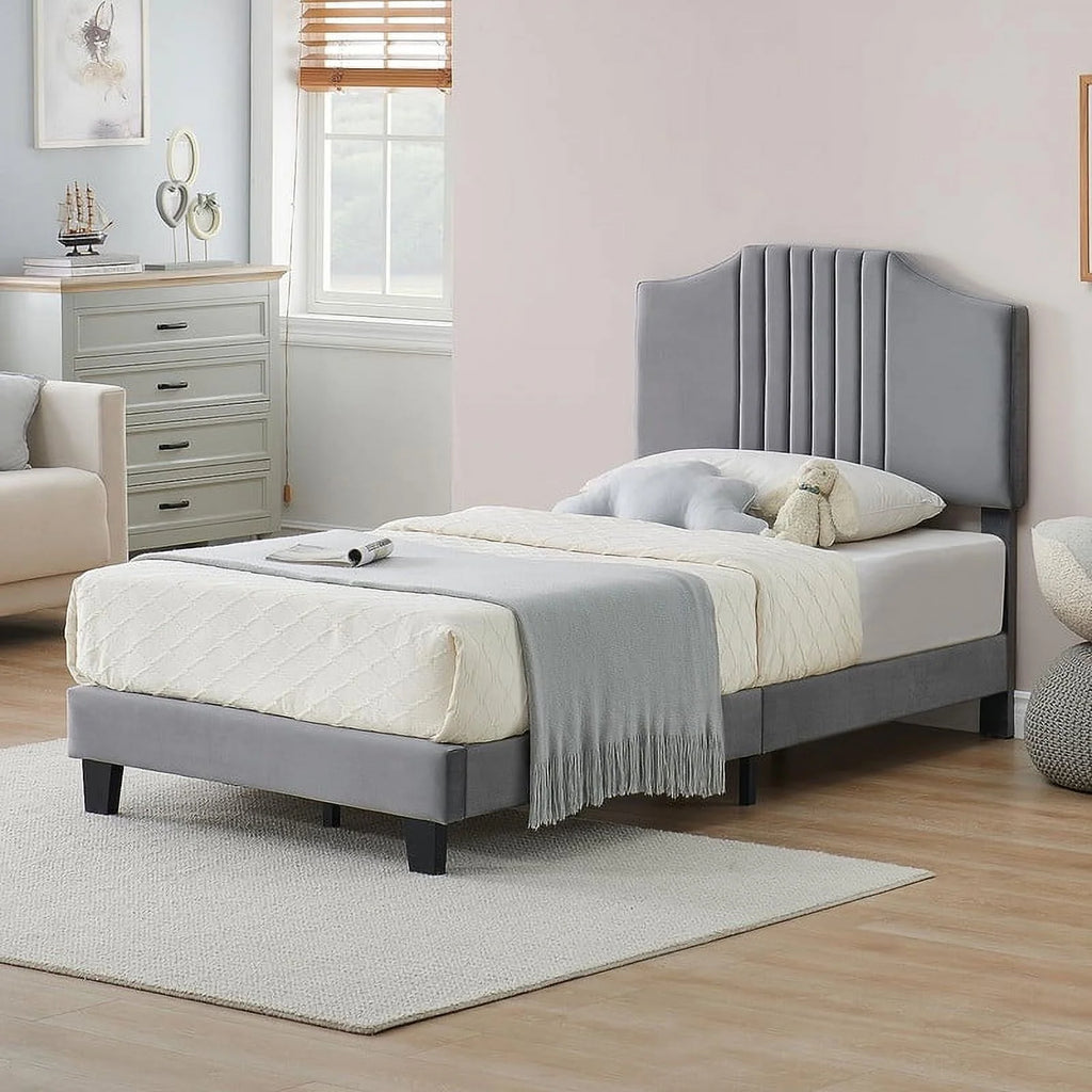 Twin Size Velvet Upholstered Platform Bed Frame with Headboard R12244