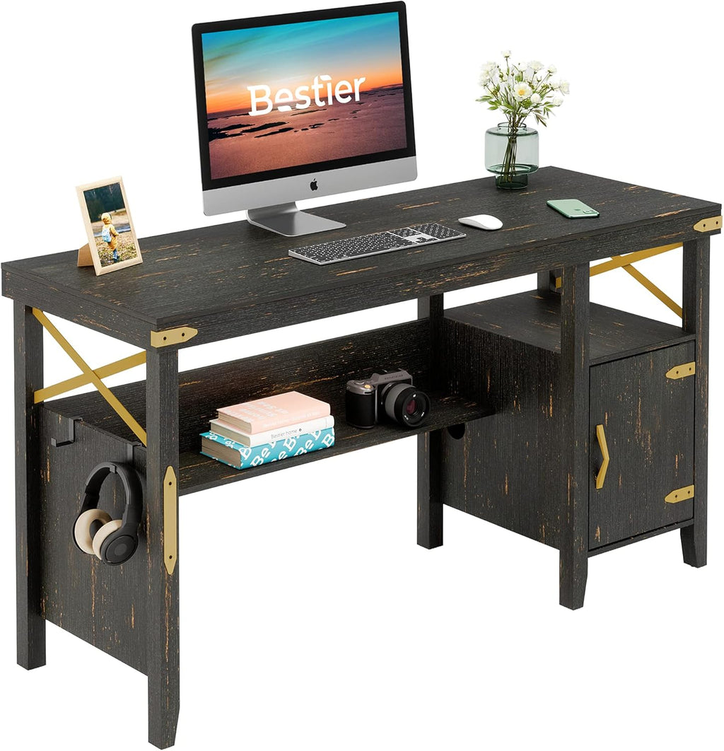 Rustic Brown Computer Desk with Storage Cabinet and Bookshelf E35221