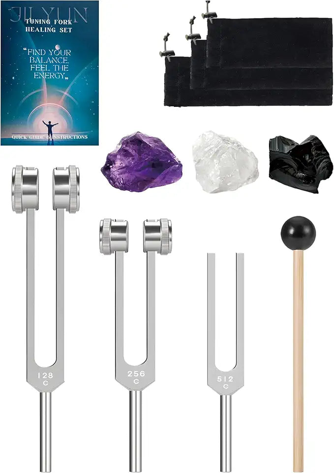 128Hz 256Hz 512Hz Weighted Unweighted Tuning Forks with Obsidian Amethyst Clear Quartz Crystals B565288