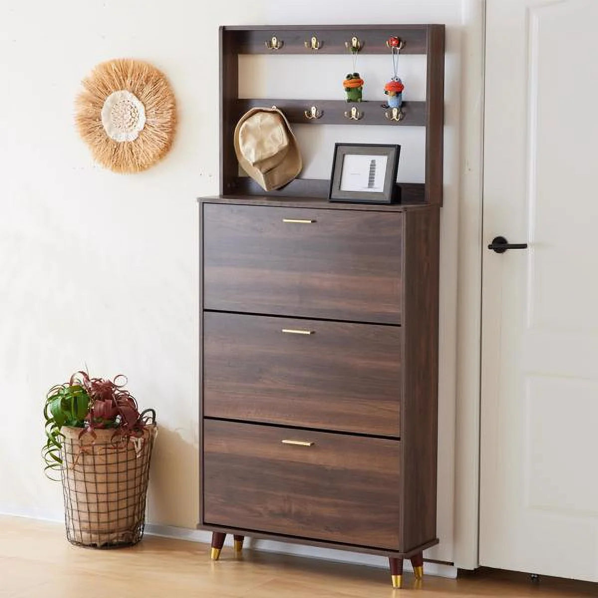 Brown Entryway Armoire Closet with 12 Hooks & 3 Shoe Cabinets U42820