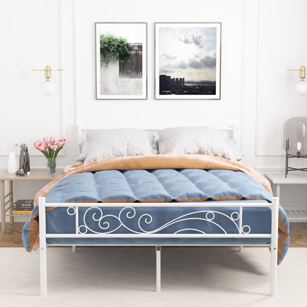 White Metal Twin Size Platform Bed Frame with Wave Headboard Y40340