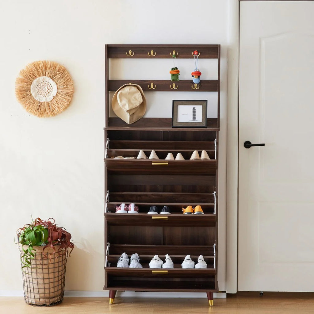 Brown Entryway Armoire Closet with 12 Hooks & 3 Shoe Cabinets U42820
