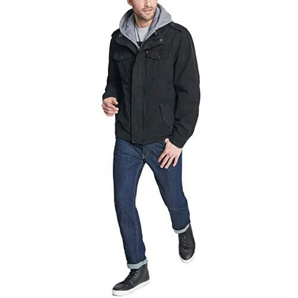 Black Washed Cotton Military Jacket with Removable Hood Q703