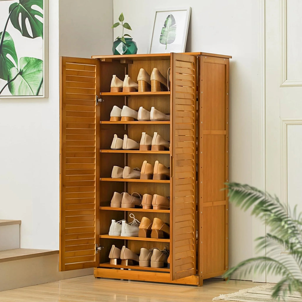 Tall Bamboo Shoe Storage Cabinet with Double Shutter Doors E395