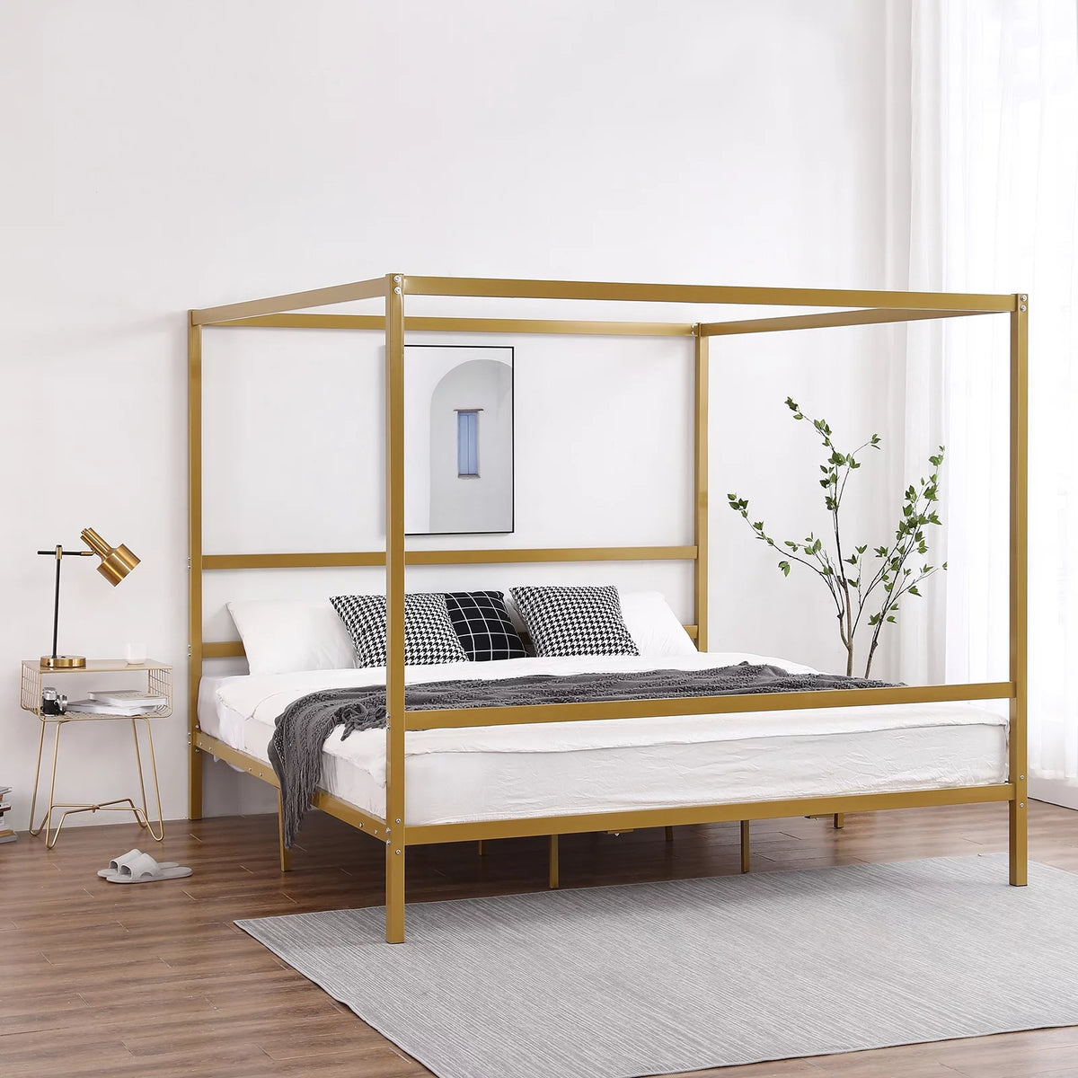 Black King Metal Canopy Bed Frame with Headboard P91597