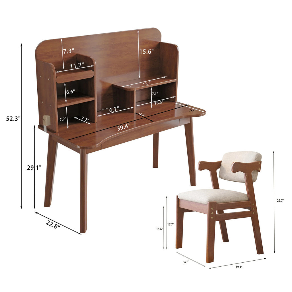 Kids Desk and Chair Set Wooden with Bookshelf and Two Drawers Q9184