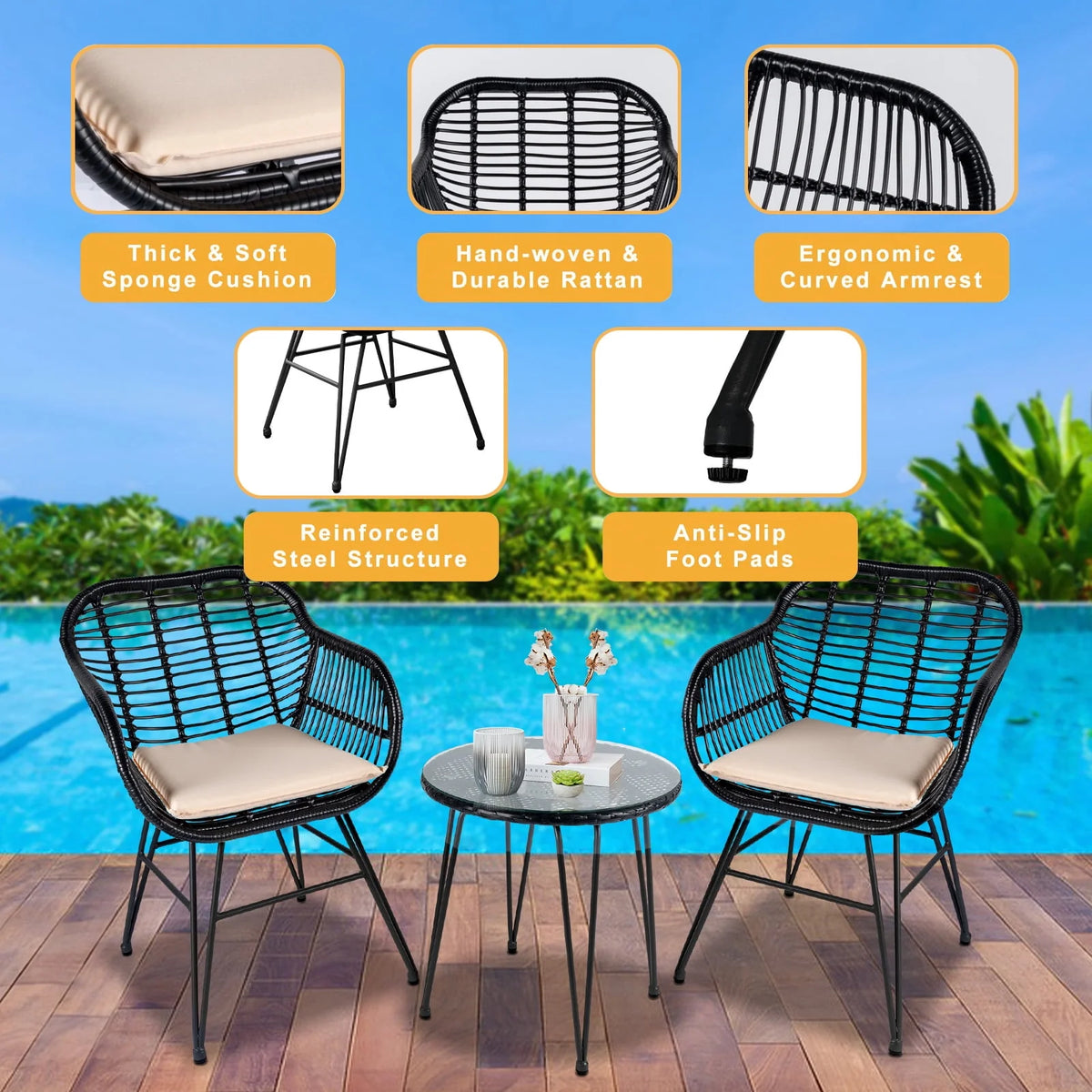 3 Piece PE Rattan Wicker Bistro Set with Cushions G318214