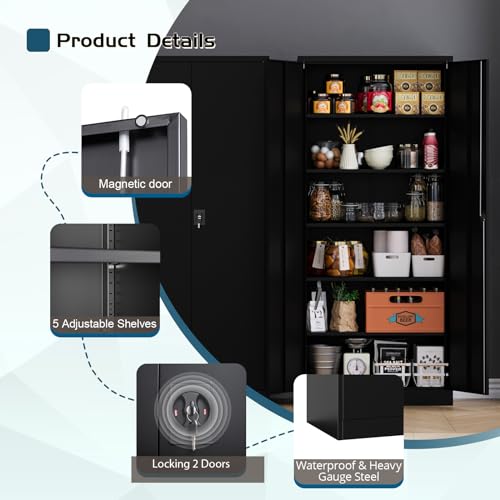 Black Steel Storage Cabinet with Doors and 5 Shelves X994