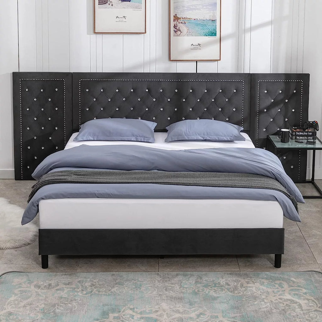 Dark Grey Velvet Upholstered Queen Size Bed Frame C55644