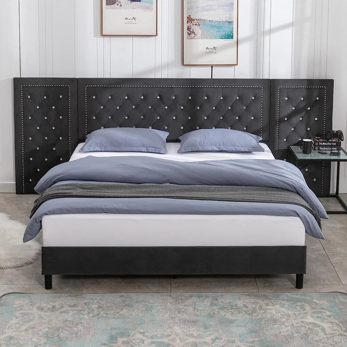 Dark Grey Velvet Upholstered Queen Size Bed Frame C55644