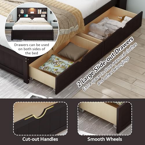 White Wood Twin Bed Frame with Bookcase Headboard and Storage Drawers D664396