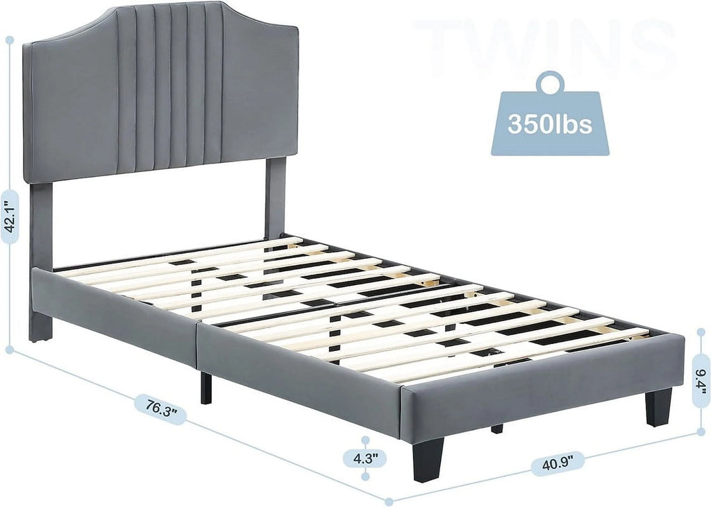 Twin Size Velvet Upholstered Platform Bed Frame with Headboard R12244