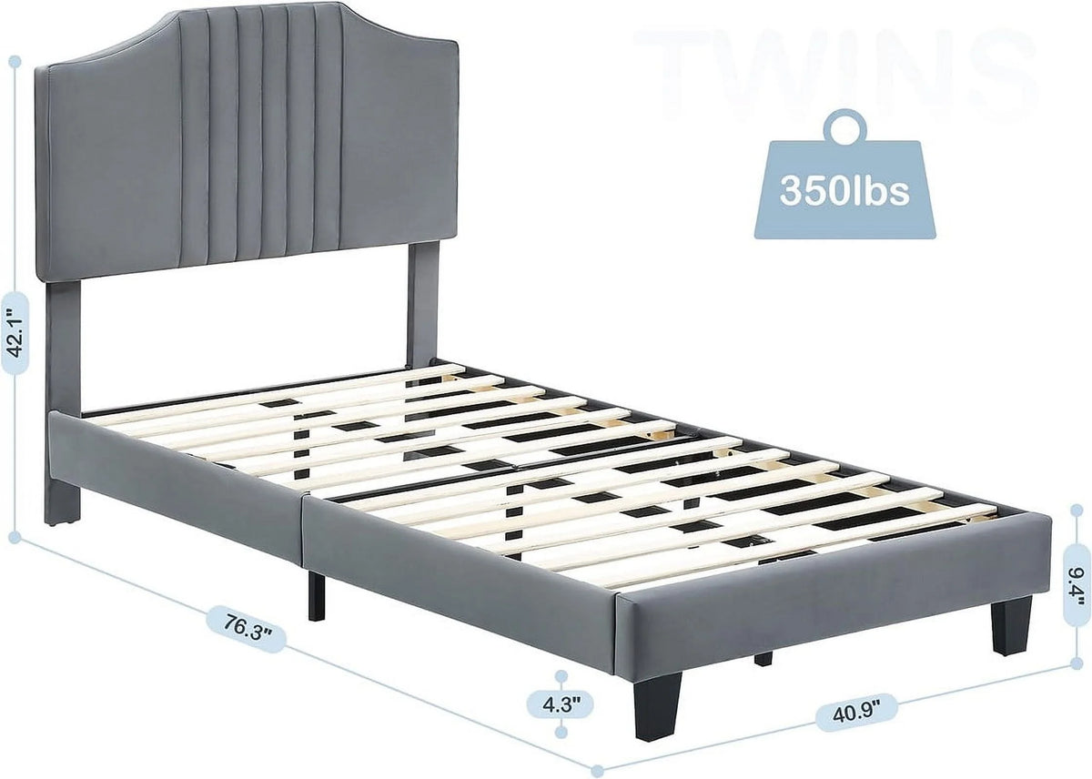 Twin Size Velvet Upholstered Platform Bed Frame with Headboard R12244