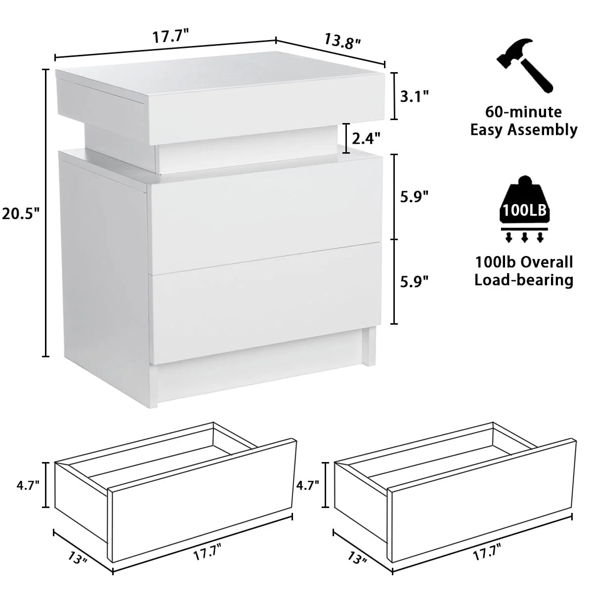 White 2 Drawer High Gloss Nightstand G230404