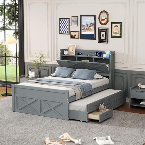 White Wood Twin Bed Frame with Bookcase Headboard and Storage Drawers D664396