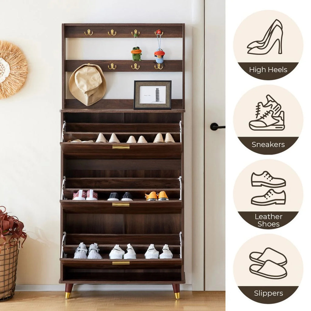 Brown Entryway Armoire Closet with 12 Hooks & 3 Shoe Cabinets U42820