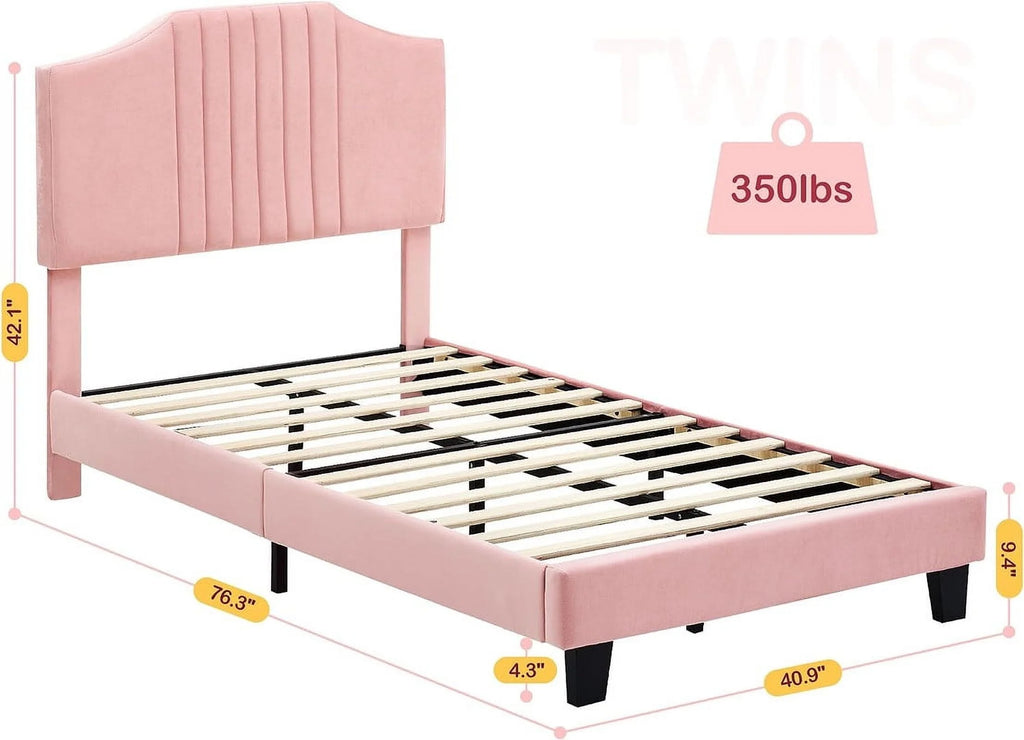 Twin Size Velvet Upholstered Platform Bed Frame with Headboard R12244