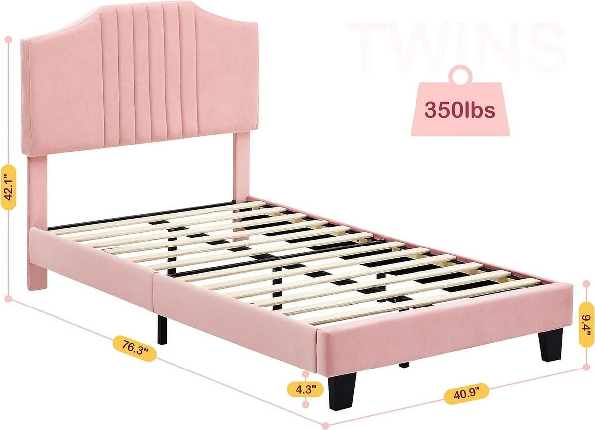 Twin Size Velvet Upholstered Platform Bed Frame with Headboard R12244