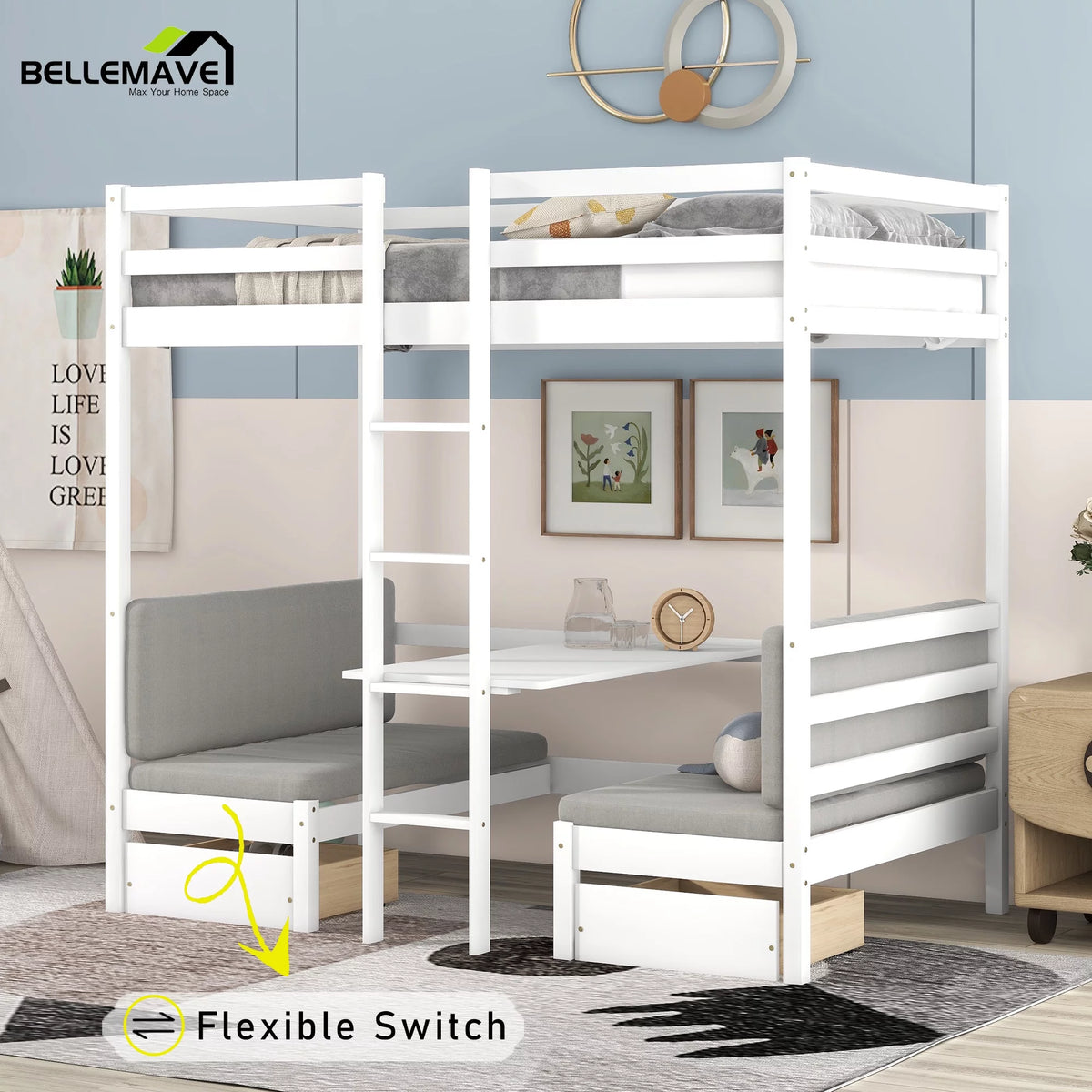 Twin Size Loft Bed with Desk, Seat and Two Storage Drawer, White T3883