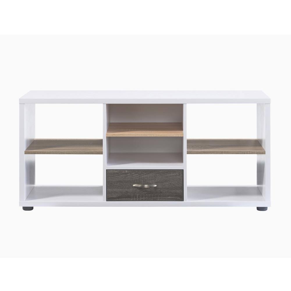White and Dark Taupe Wood TV Stand with 1-Drawer and Shelves C2138