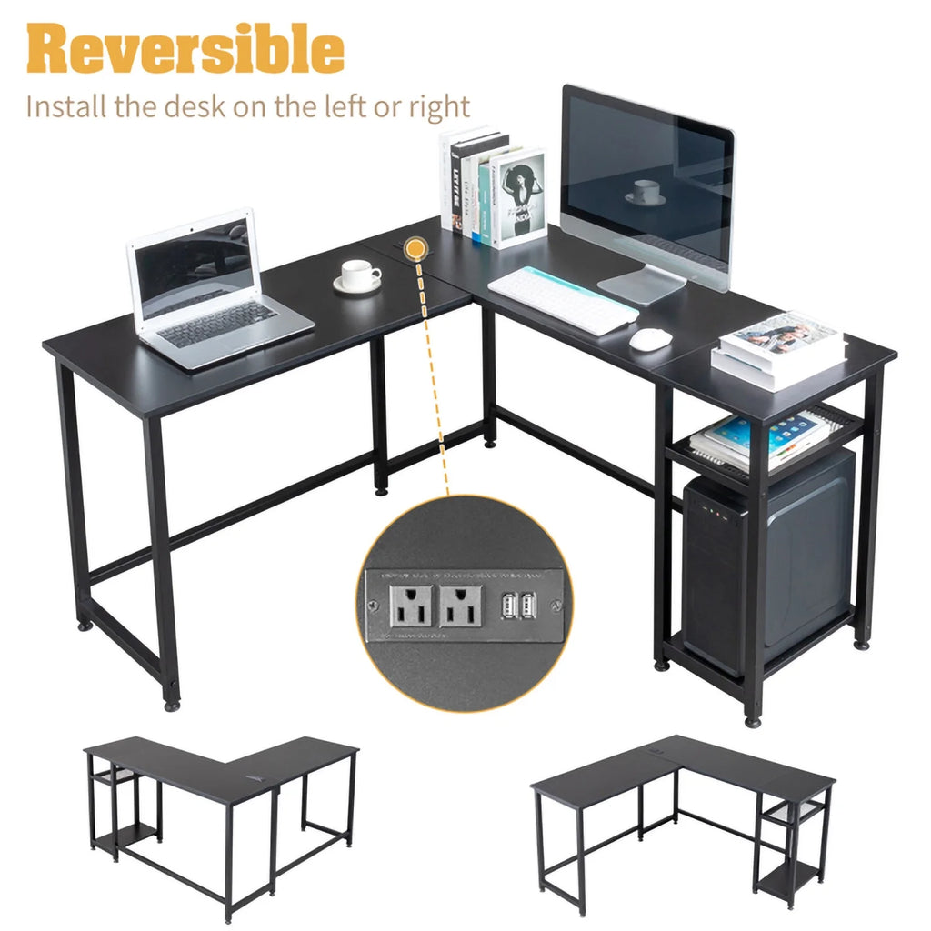 L-Shaped Computer Desk with Power Outlets & Shelf I775