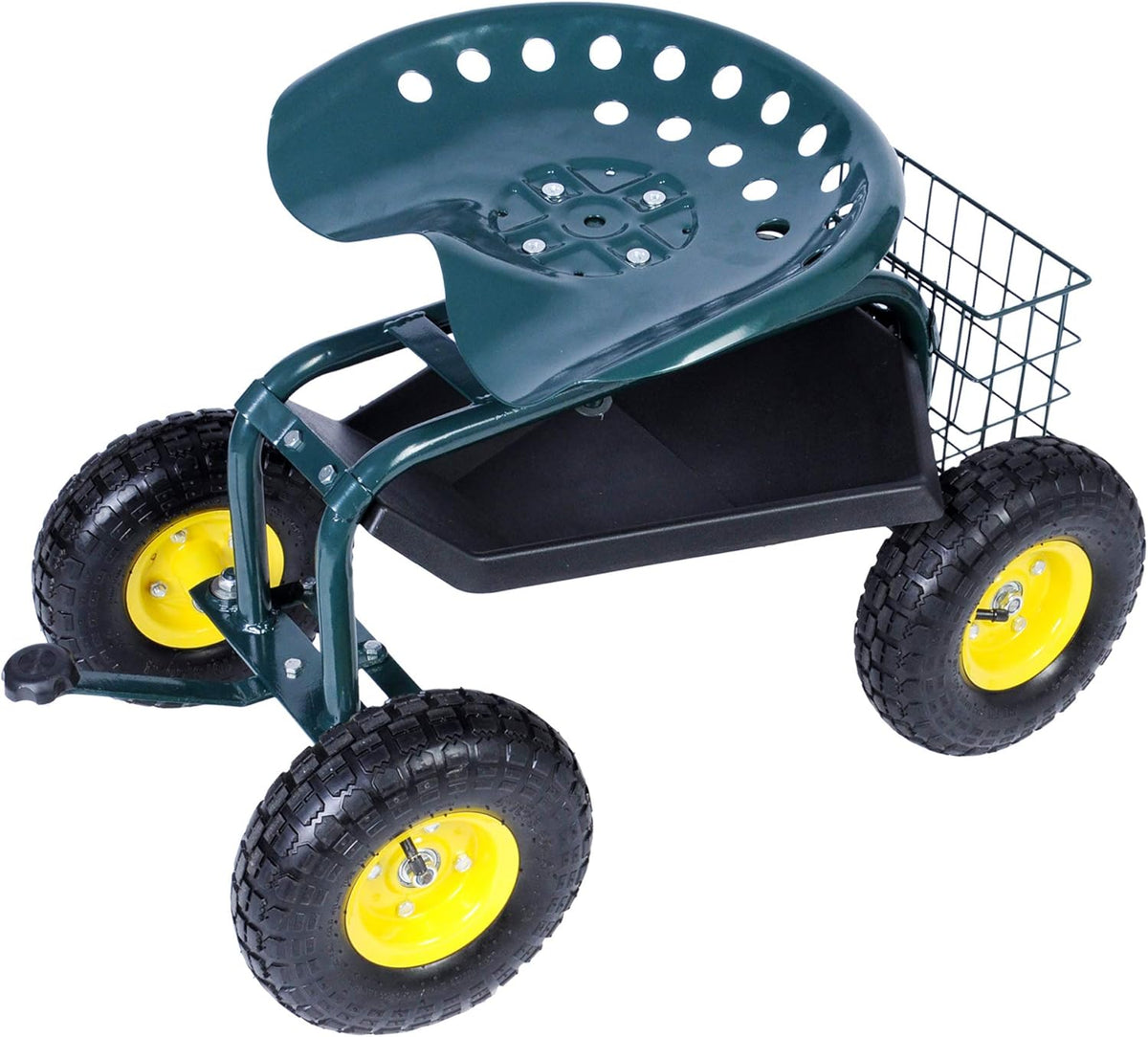 Green Steerable Garden Stool Cart with Tool Tray and Storage Basket on Wheels V455