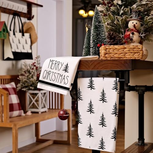 Christmas Kitchen Towels Set of 2 Black Xmas Tree Dish Towels 18x26 Inch R347