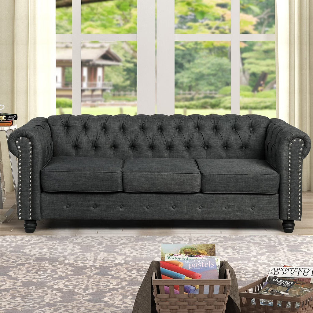 Grey Linen Chesterfield Sofa with Nailhead D574736