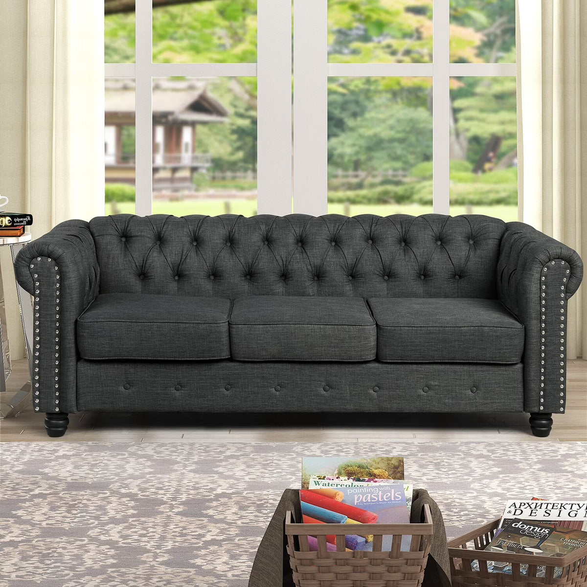 Grey Linen Chesterfield Sofa with Nailhead D574736