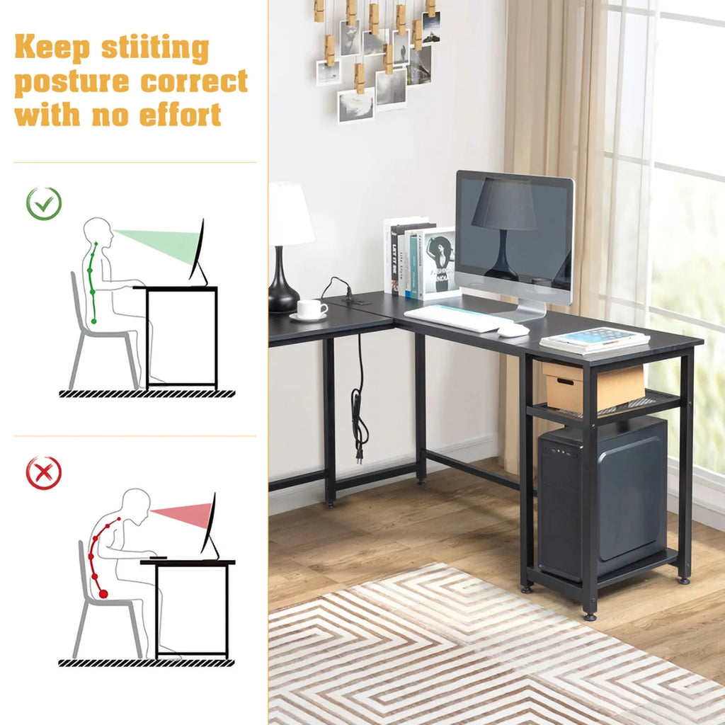 L-Shaped Computer Desk with Power Outlets & Shelf I775