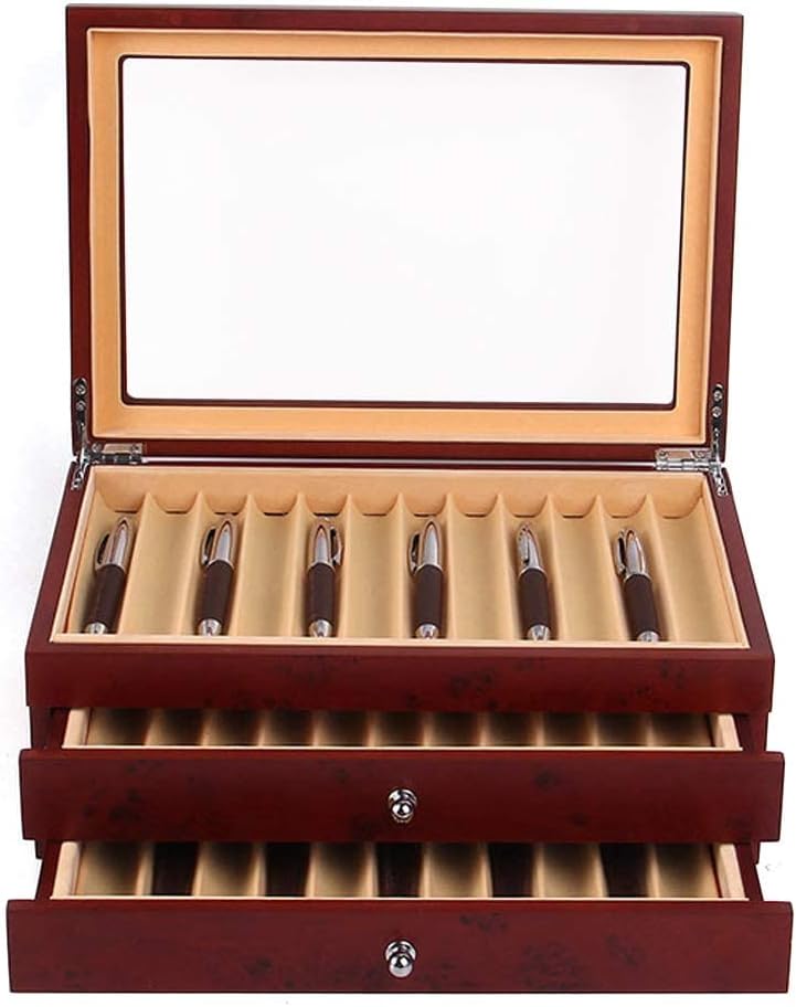 Red Pack of 2 Wood Flannel Pen Storage Organizer Box with Glass Lid J752871