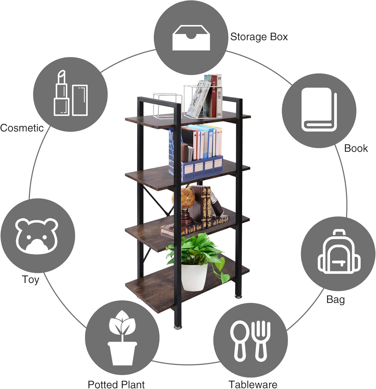 Industrial Bookshelf, 4 Tier Open Shelf Bookcase, Rustic Brown F85779