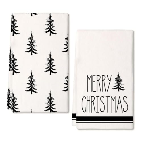 Christmas Kitchen Towels Set of 2 Black Xmas Tree Dish Towels 18x26 Inch R347