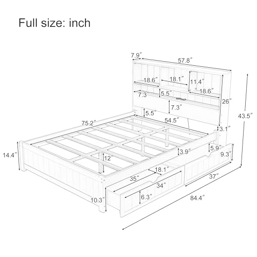 White Wood Twin Bed Frame with Bookcase Headboard and Storage Drawers D664396