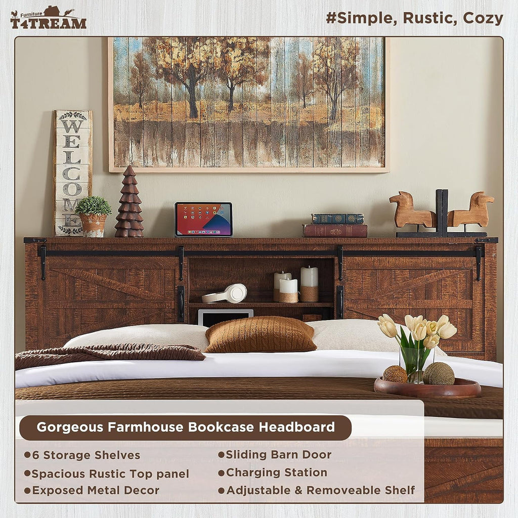 King Platform Bed Frame with Storage Headboard and Charging Station R912