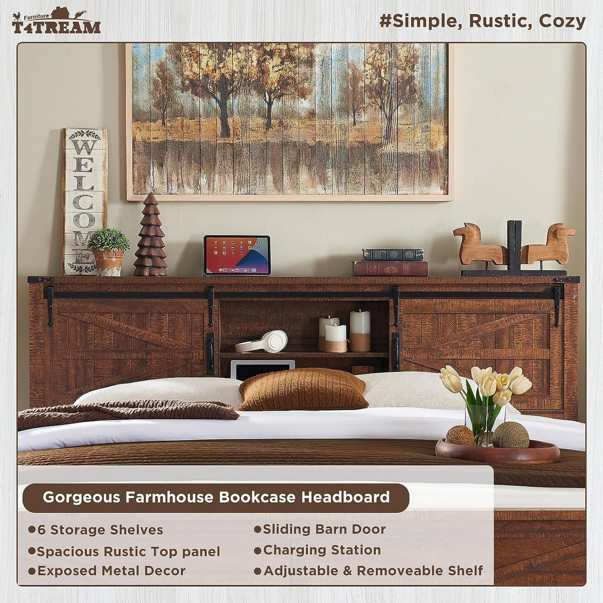 King Platform Bed Frame with Storage Headboard and Charging Station R912