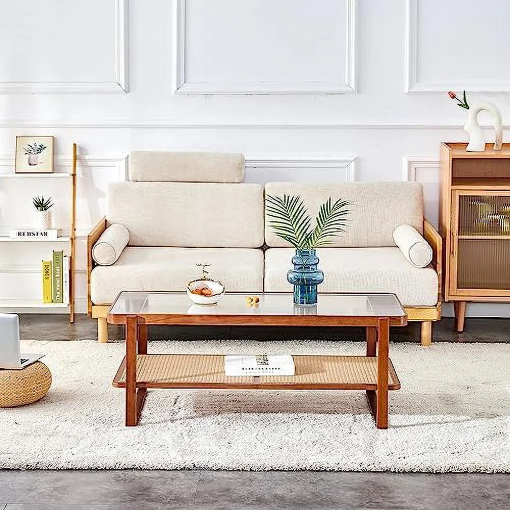 Modern Rattan Woven Glass Desktop Solid Wood Coffee Table Z370945