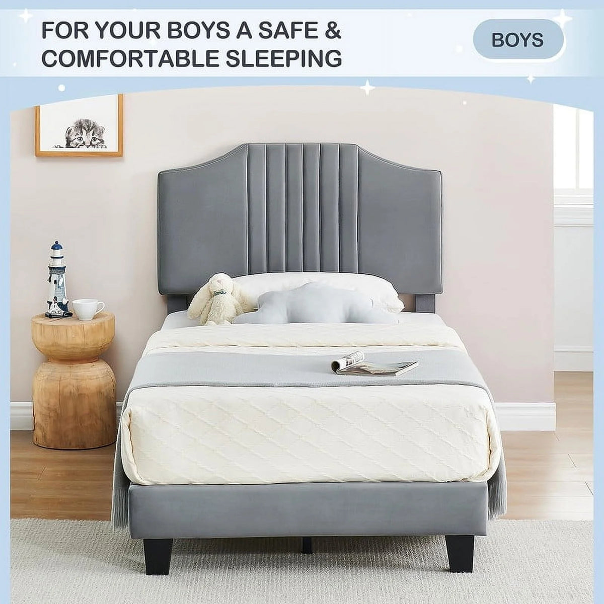 Twin Size Velvet Upholstered Platform Bed Frame with Headboard R12244