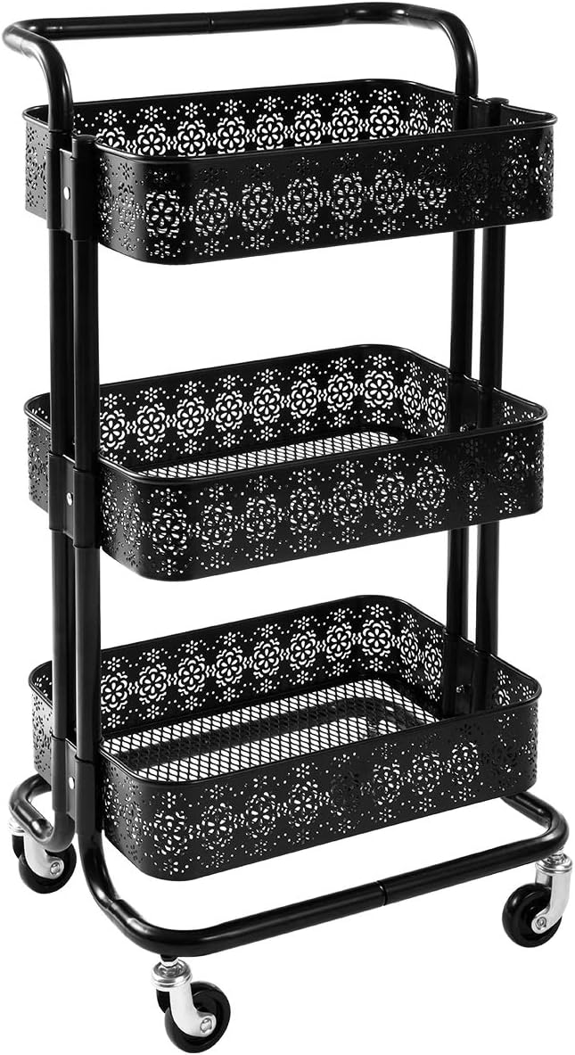 Black 3 Tier Metal Rolling Storage Cart R65114