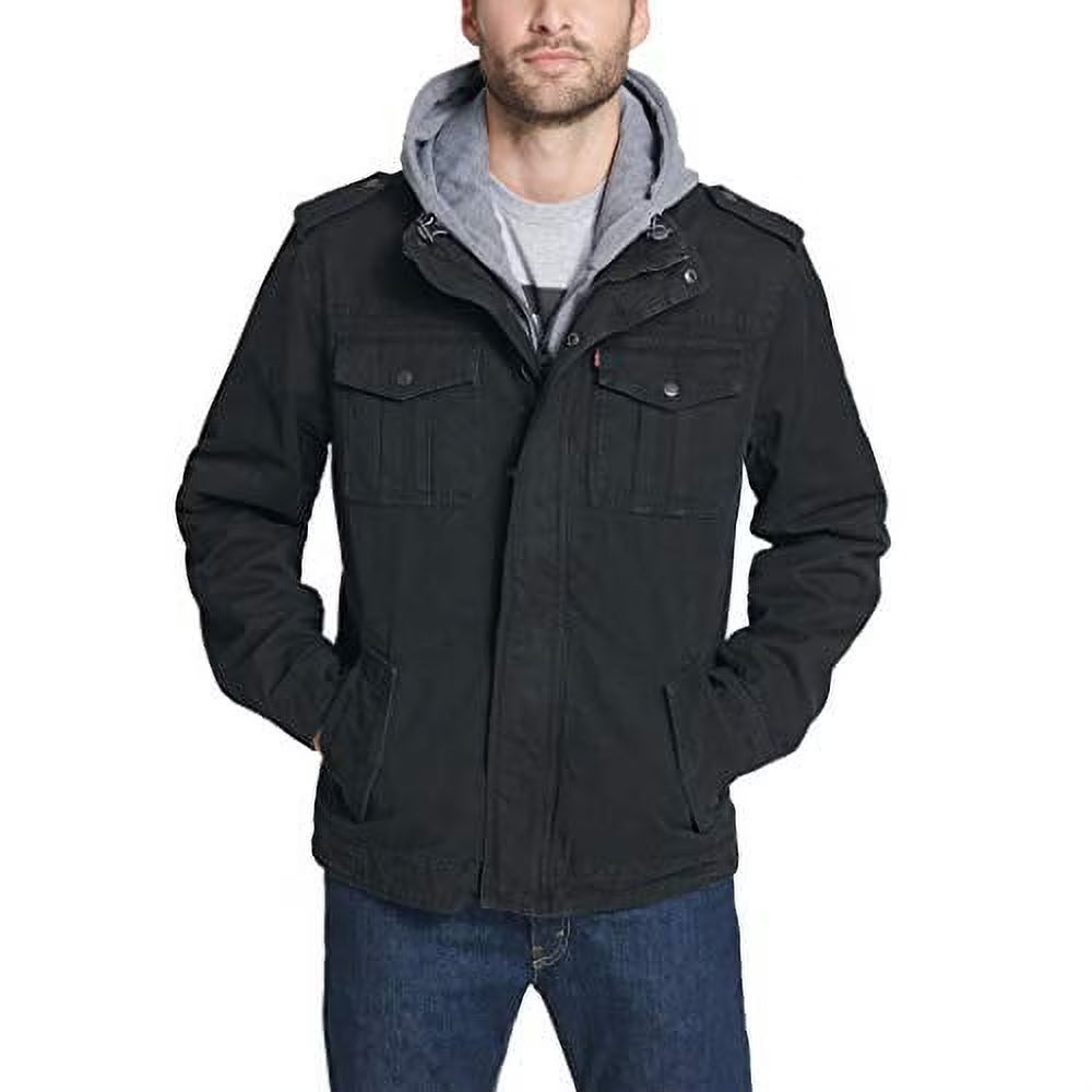 Black Washed Cotton Military Jacket with Removable Hood Q703