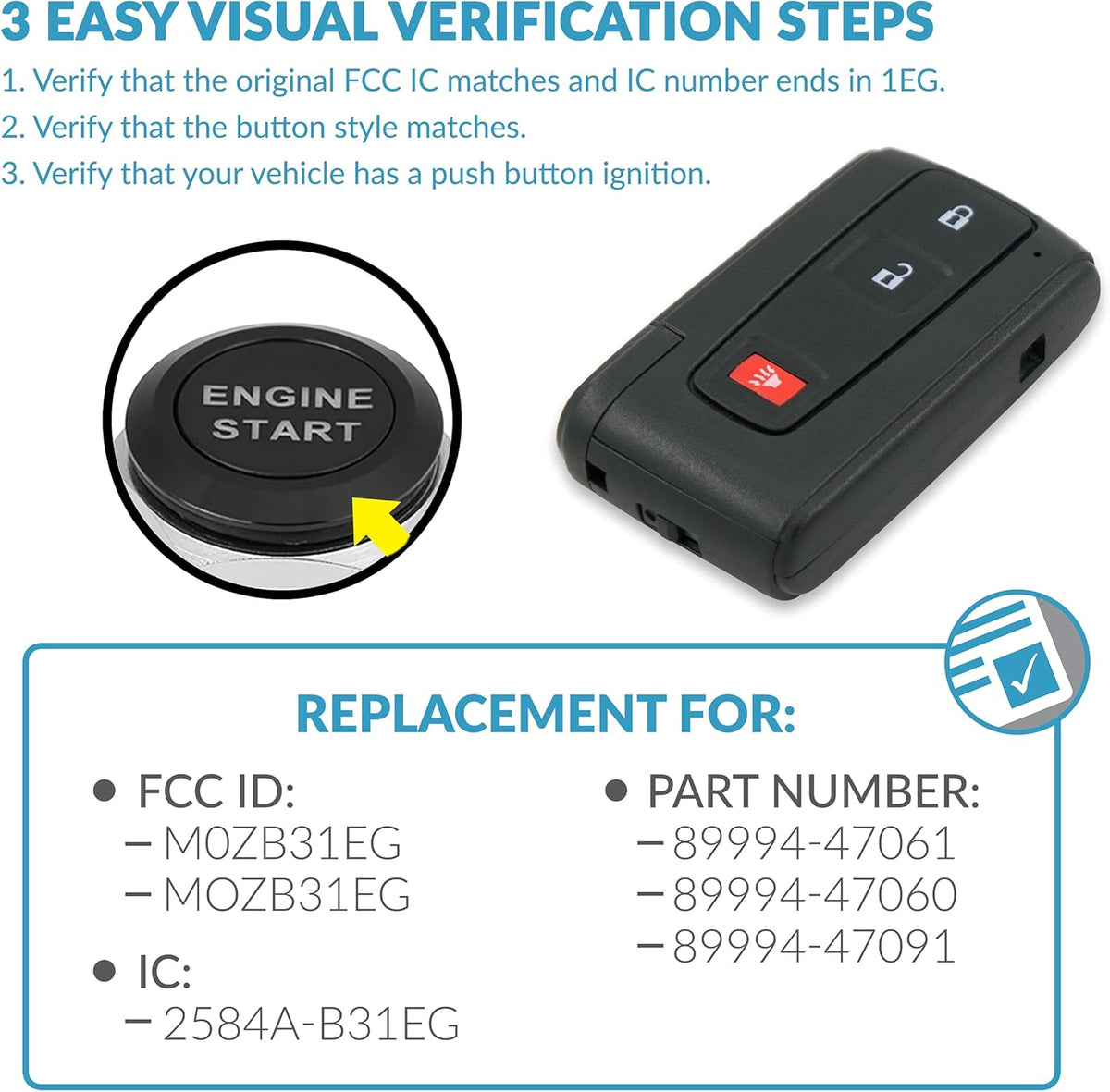Keyless2Go Replacement 3 Button Proximity Remote Smart Key Toyota F7825