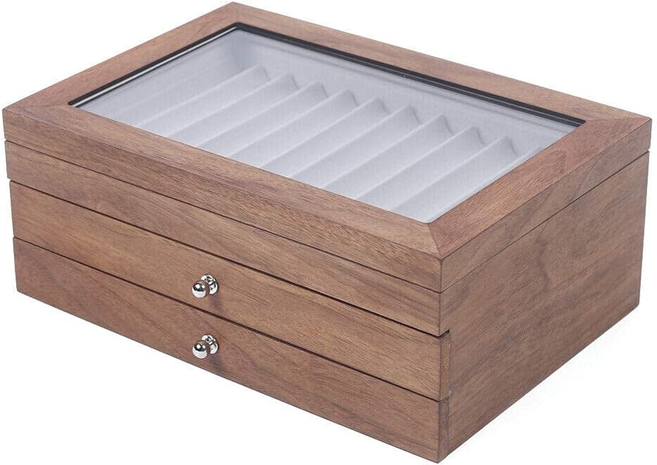 Red Pack of 2 Wood Flannel Pen Storage Organizer Box with Glass Lid J752871
