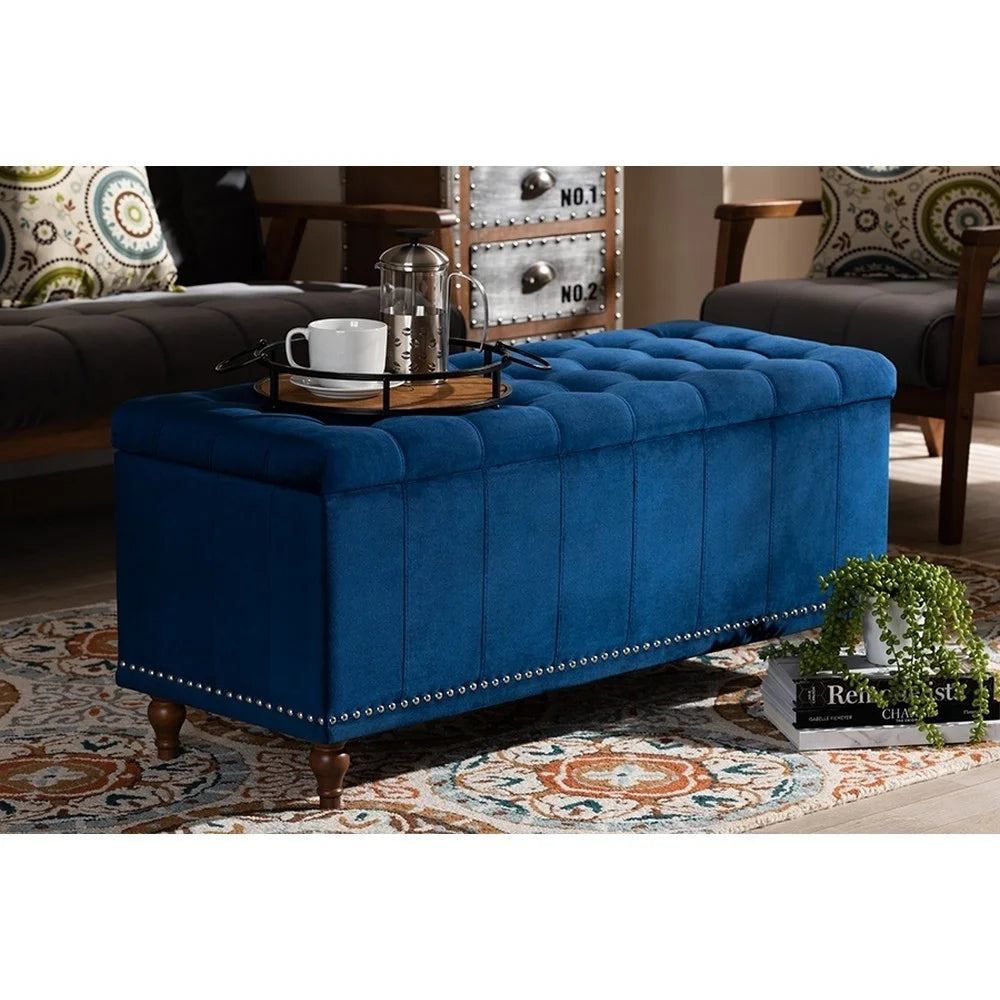Navy Blue Velvet Button-Tufted Storage Ottoman Bench S111131