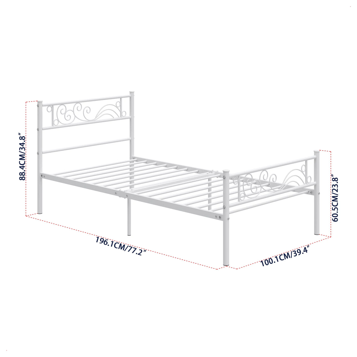 White Metal Twin Size Platform Bed Frame with Wave Headboard Y40340