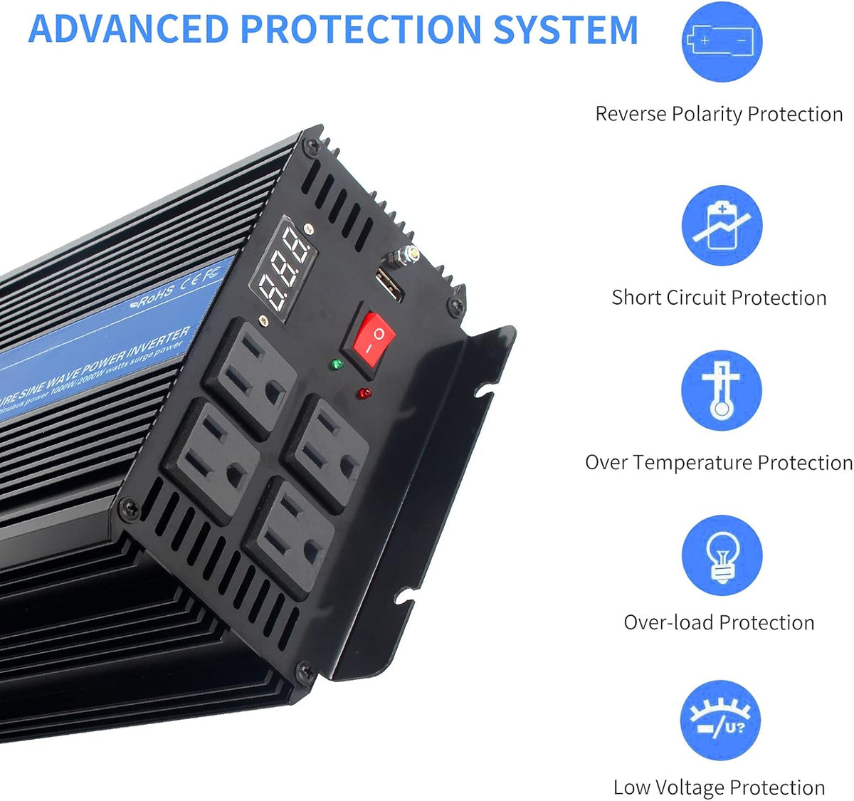 1000W Pure Sine Wave Power Inverter DC 12V to AC 110V with 4 AC Outlets and 1 USB Port T21906