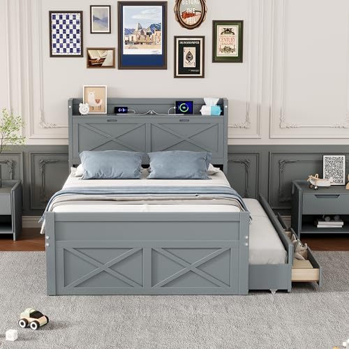 White Wood Twin Bed Frame with Bookcase Headboard and Storage Drawers D664396