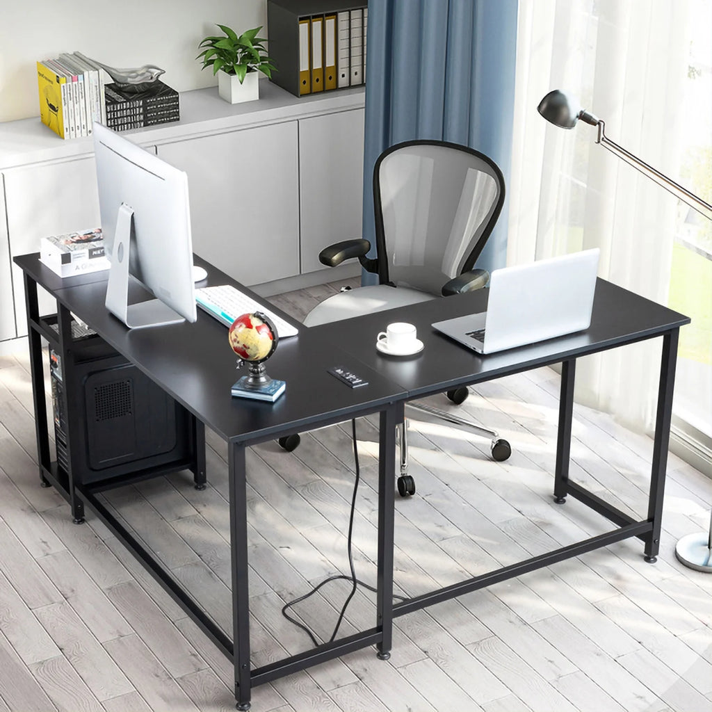 L-Shaped Computer Desk with Power Outlets & Shelf I775